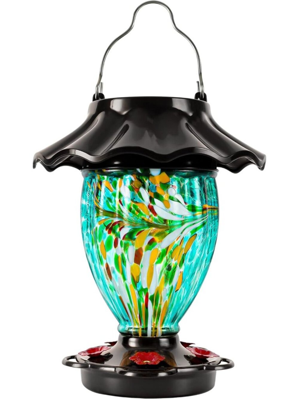 Solar Powered Color Changing Hummingbird Feeder - Hand Blown Glass, 32oz